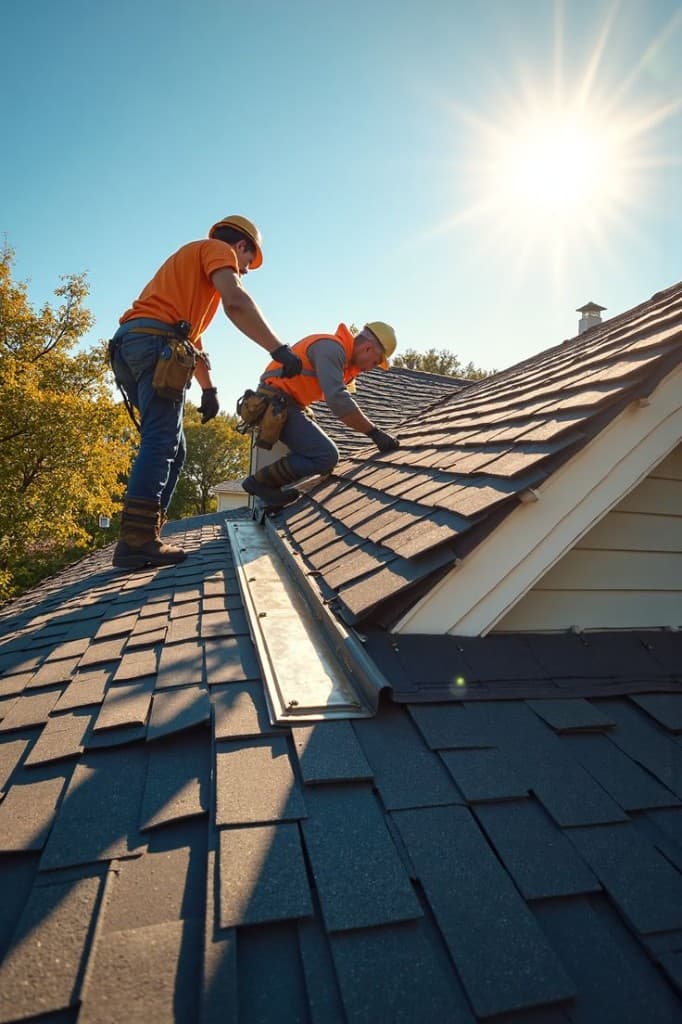 Crew installing architectural shingles on a steep residential roof replacement project
