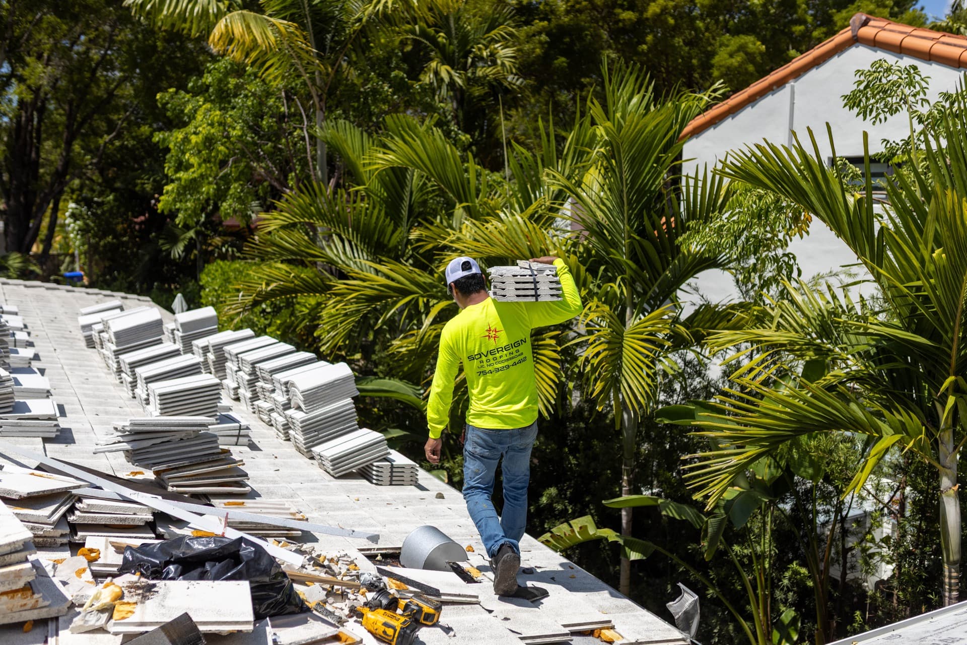 Close-up of roof work and materials on a South Florida home