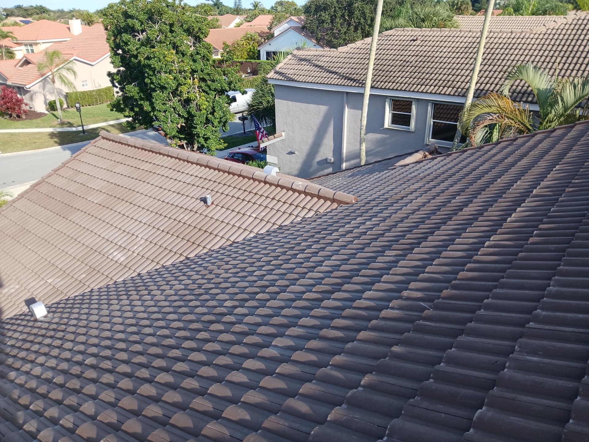 Brown concrete tile roof with palm-lined neighborhood in the background